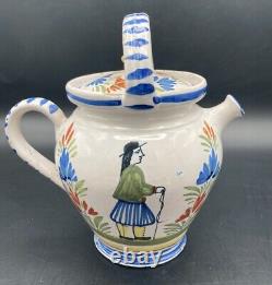 Vtg Henriot Quimper Puzzle Pot à Poignée Cruche Eau Pichet Couvercle Faïence Française Homme