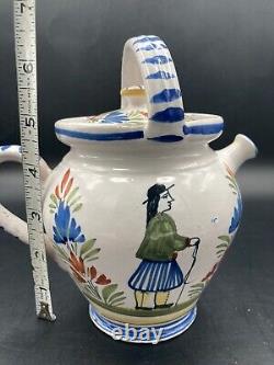 Vtg Henriot Quimper Puzzle Pot à Poignée Cruche Eau Pichet Couvercle Faïence Française Homme