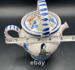 Vtg Henriot Quimper Puzzle Pot à Poignée Cruche Eau Pichet Couvercle Faïence Française Homme